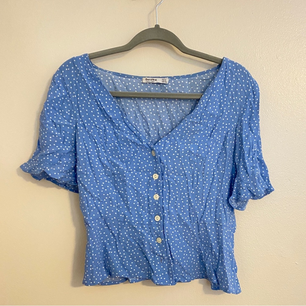 Bershka blue dotted ruffle top